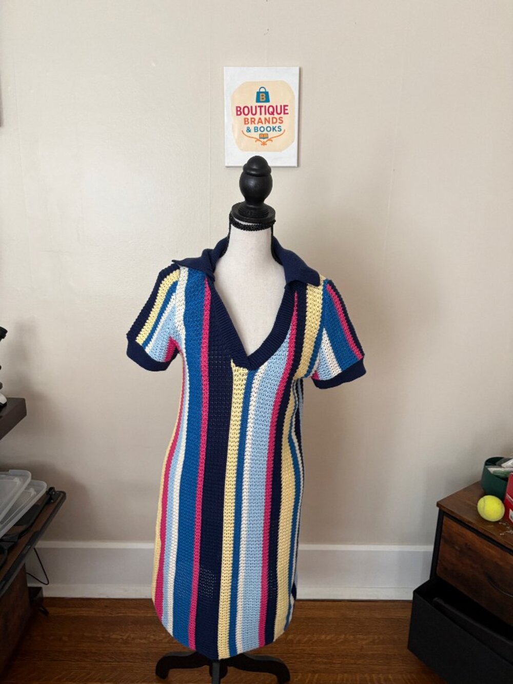 Anthropologie Maeve Collared Crochet Knit Striped Mini Dress Size Small NWT